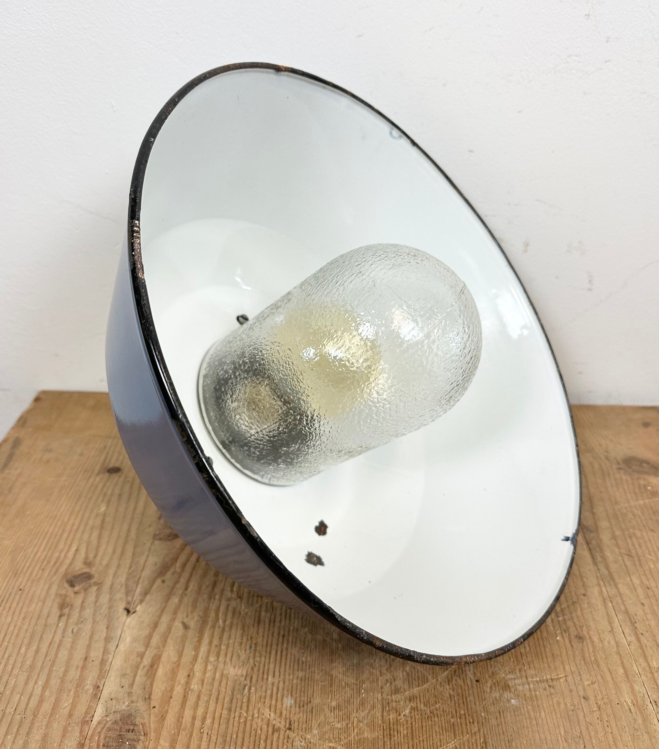 Industrial Blue Enamel and Cast Iron Pendant Light with Glass Cover, 1960s