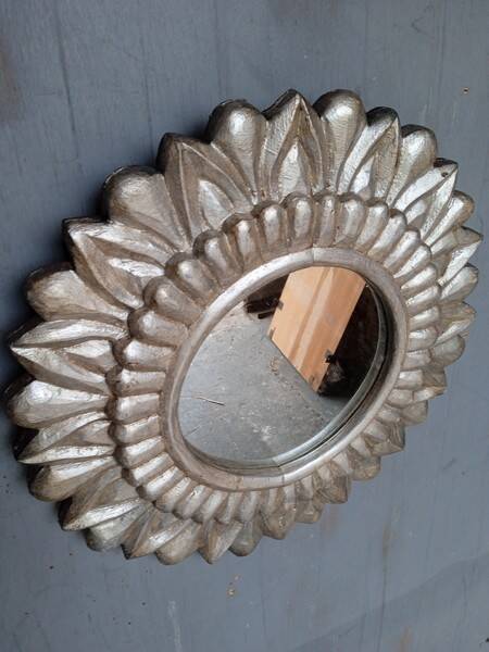 Carved wood sun mirror 40cm silver ep 1960