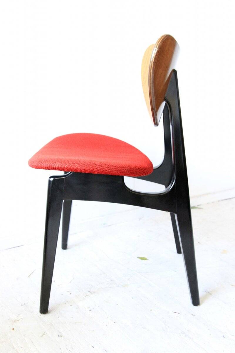 Mid-century mahogany wood and purple fabric set — drop-leaf table + 6 Butterfly chairs by G-Plan