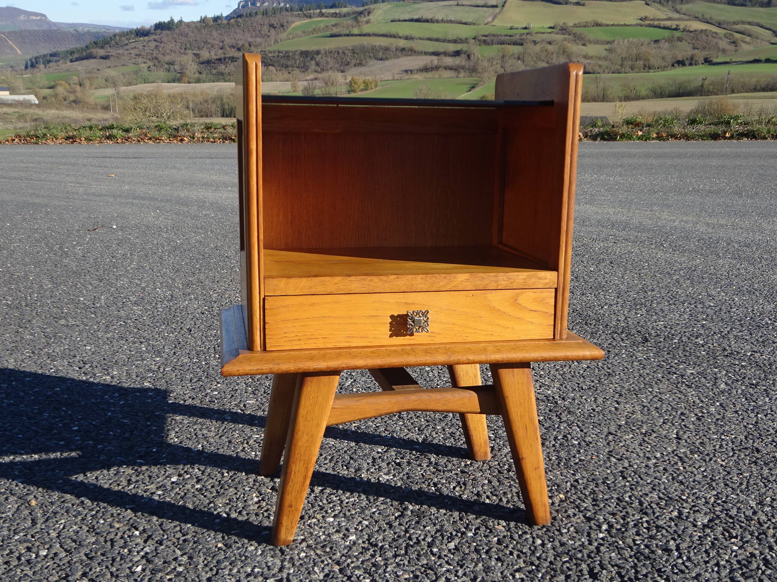 Vintage oak bedside table with splayed legs