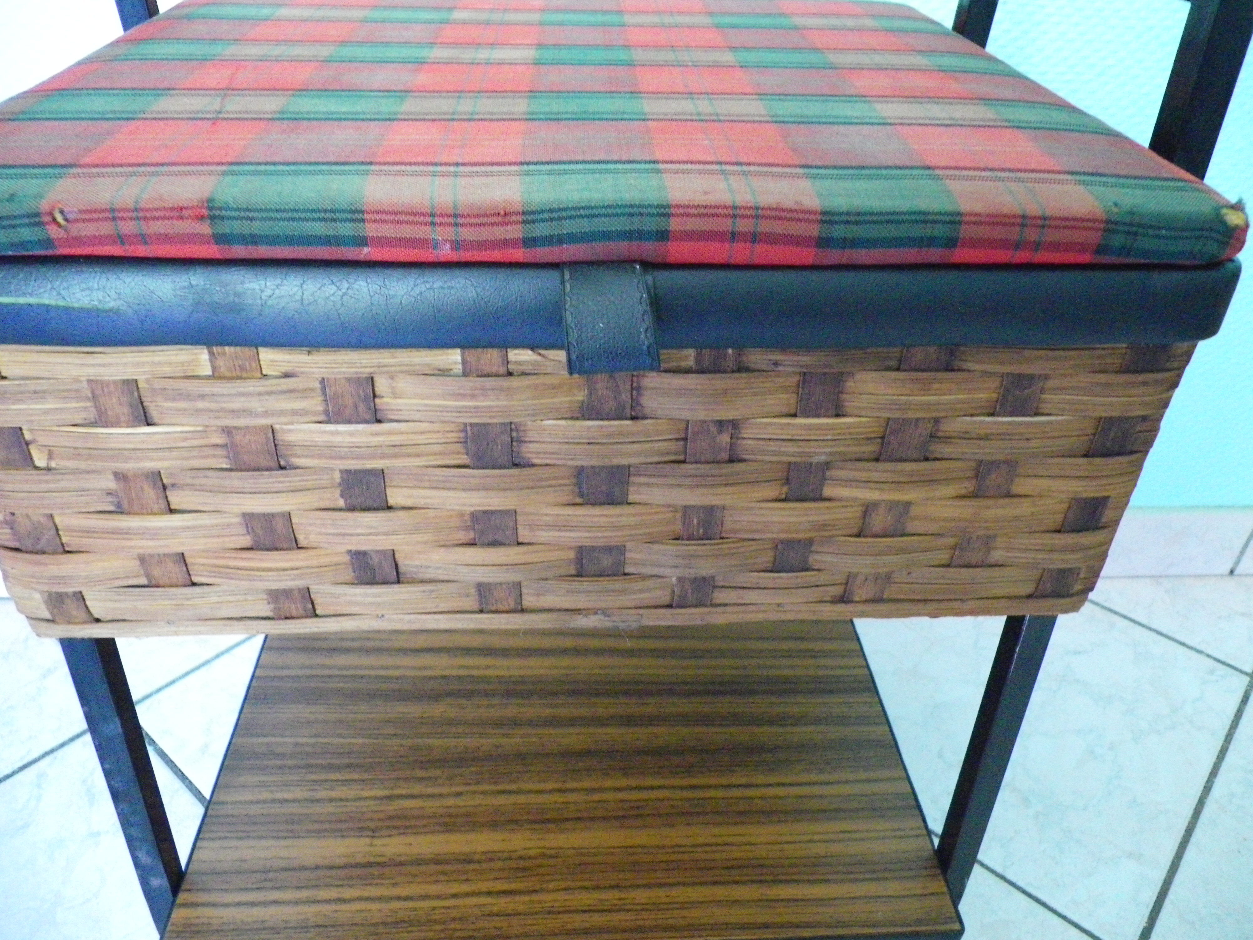 Vintage worker on wheels, rattan, fabric, skaÏ, metal with formica shelf
