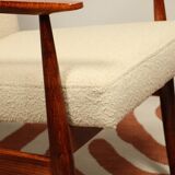 Scandinavian style set lounge chair and ottoman footrest in boucle fabric natural dark wood Mid Cent