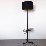 Black metal magazine rack floor lamp with ceramic shelf