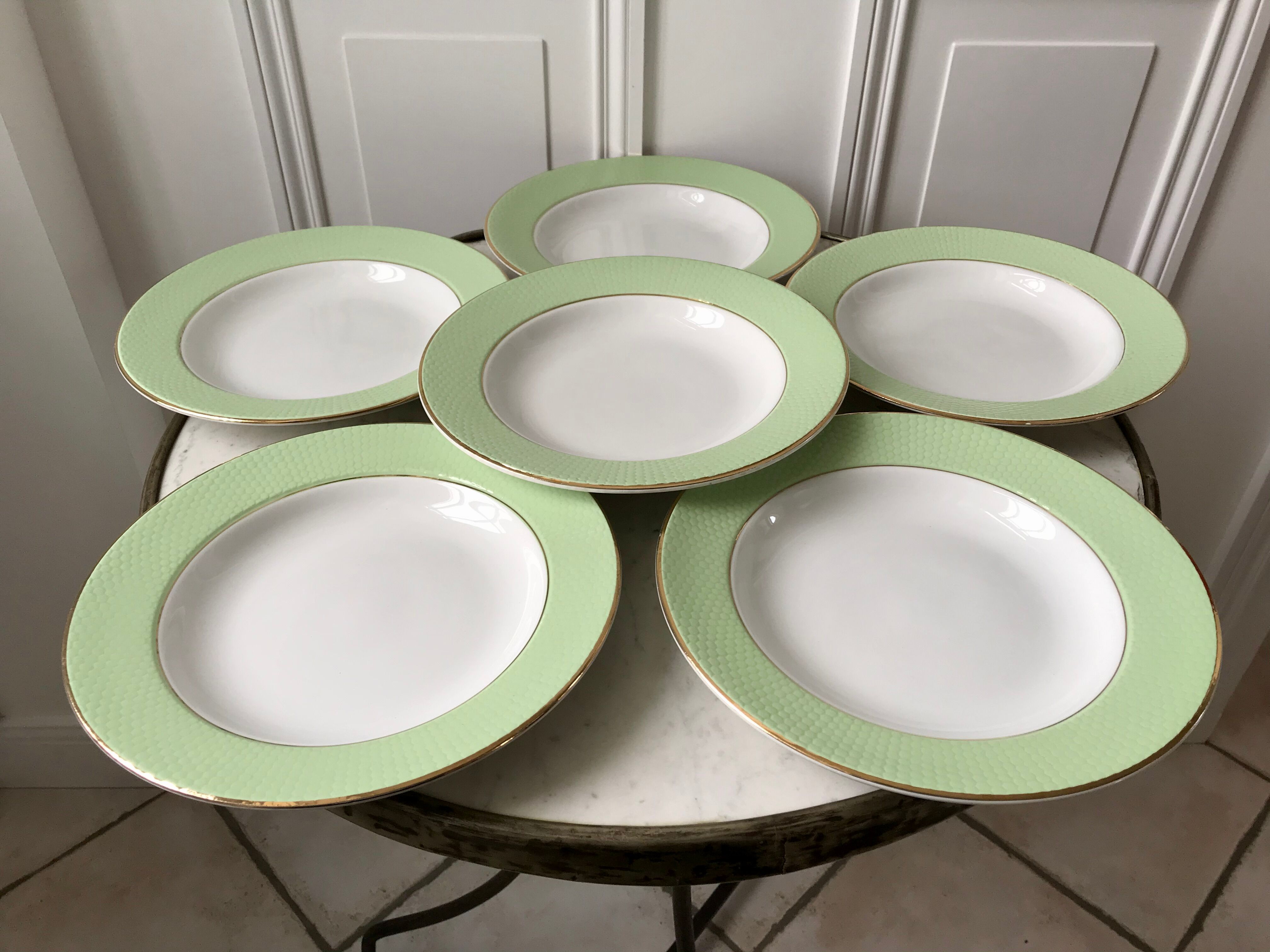 Set of 6 pastel green honeycomb hollow plates Moulin des Loups / L'Amandinoise 50s