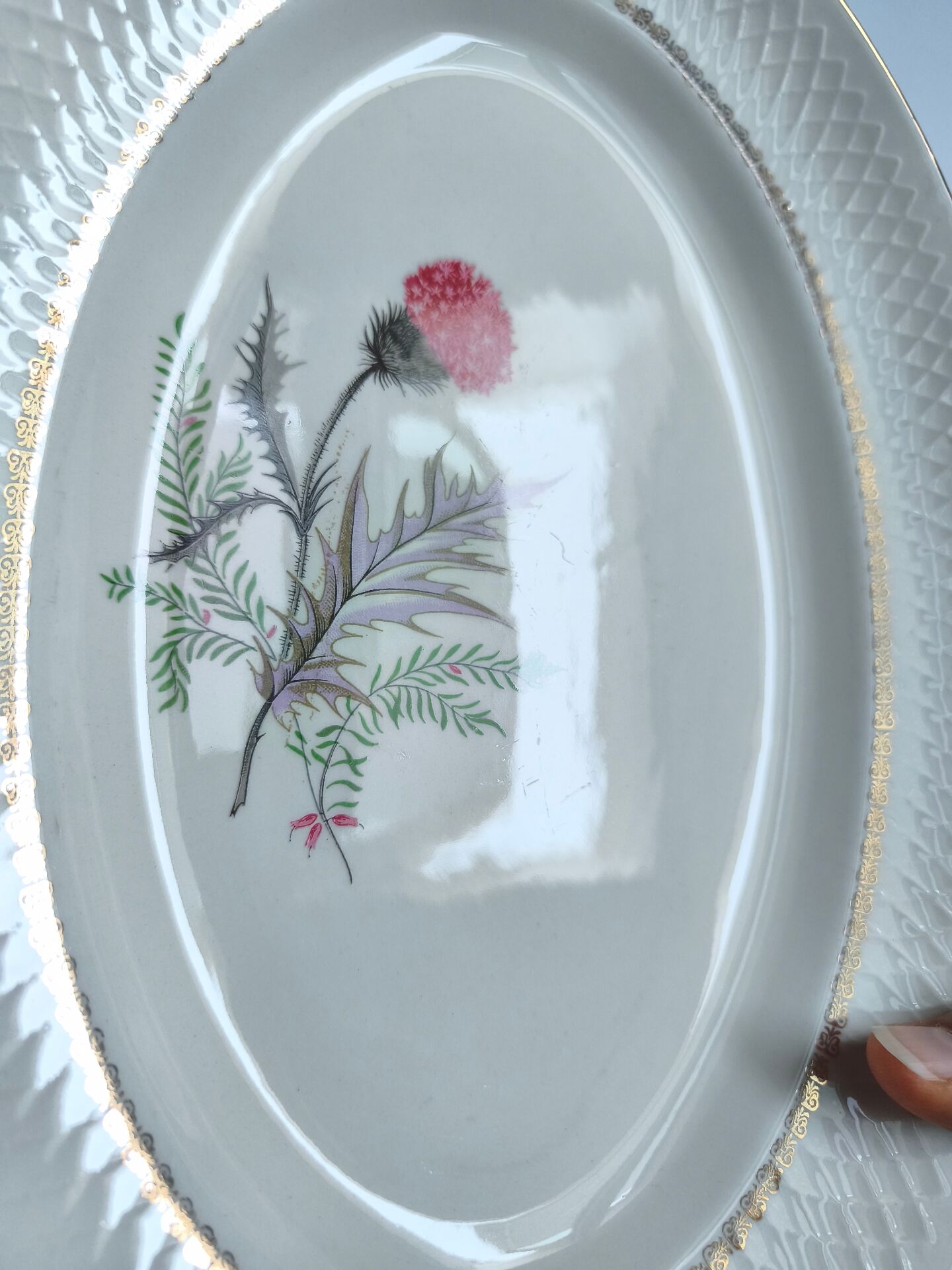 Vintage oval plate signed Moulin des Loups model Imperia pink flower