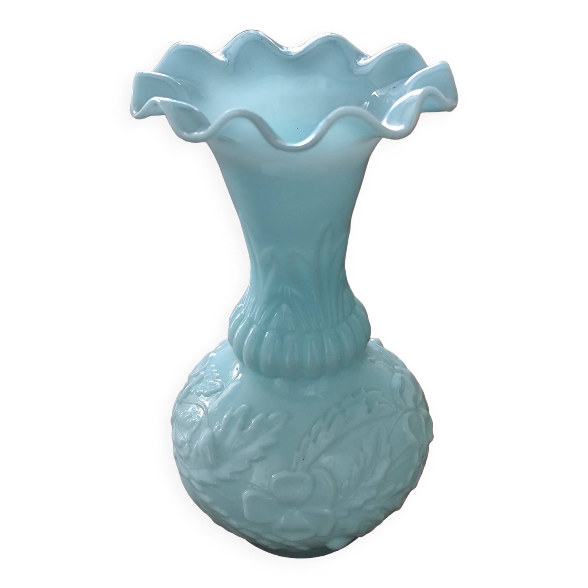 Fair Opaline Vase, Blue/Green, Decorated with Flowers and Foliage.