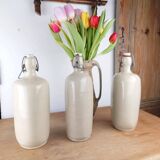 Set of 3 Old Stoneware Bottles - Triangular Shape, H 29 cm