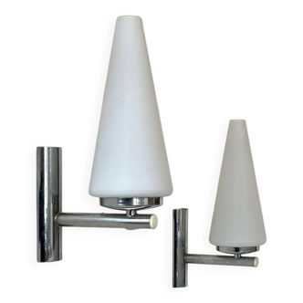 Pair of vintage sconces, opaline and chromed metal, France 1970