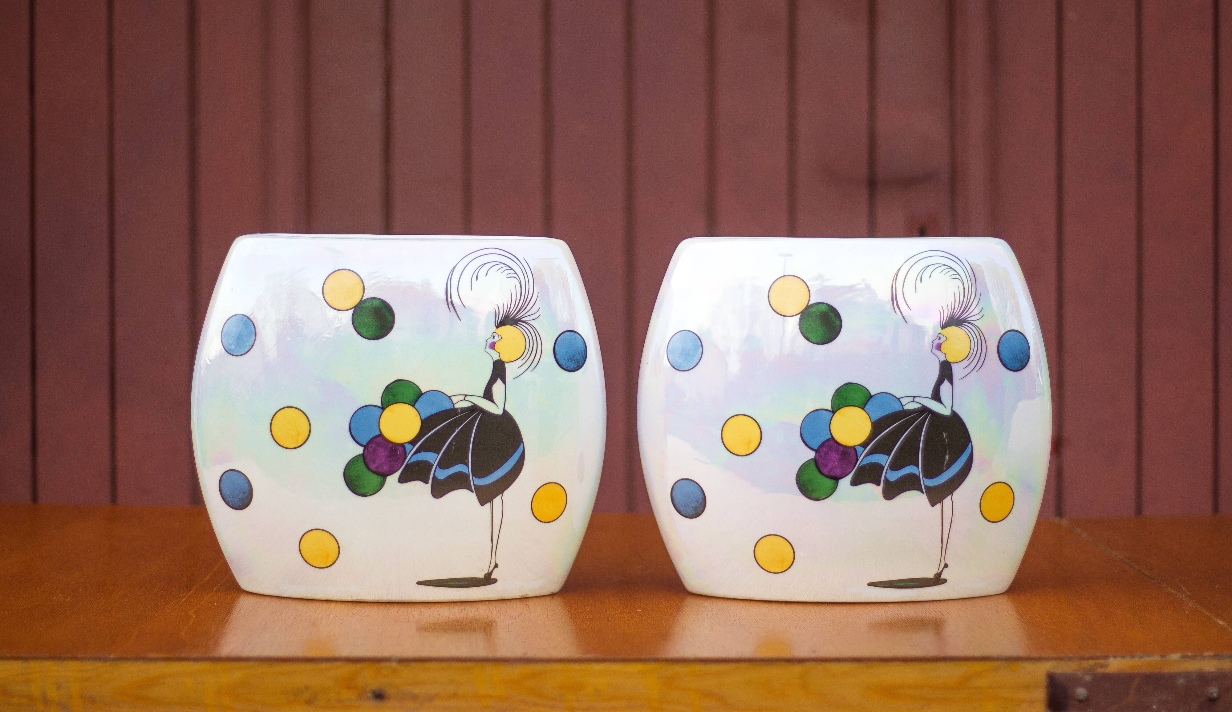 Pair of flat iridescent ceramic vase with girl motif with polychrome balloons, art deco vase, decoration