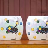 Pair of flat iridescent ceramic vase with girl motif with polychrome balloons, art deco vase, decoration