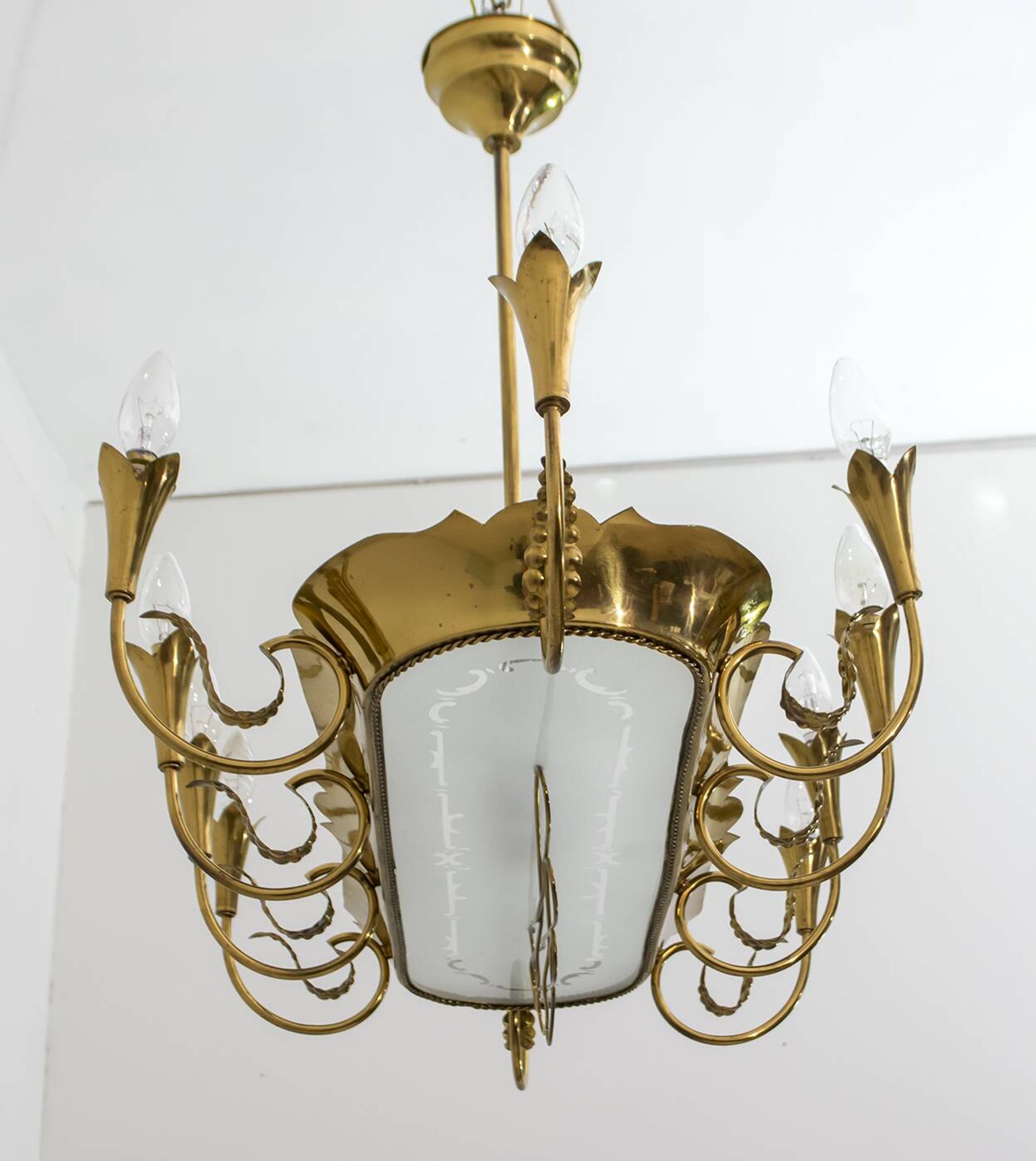 After Pietro Chiesa Italian Brass 12 Lights Candelier Fontana Arte