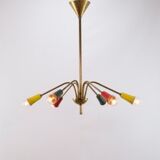 Multicolored vintage brass chandelier, 1950, 6 arms, 60cm in diameter