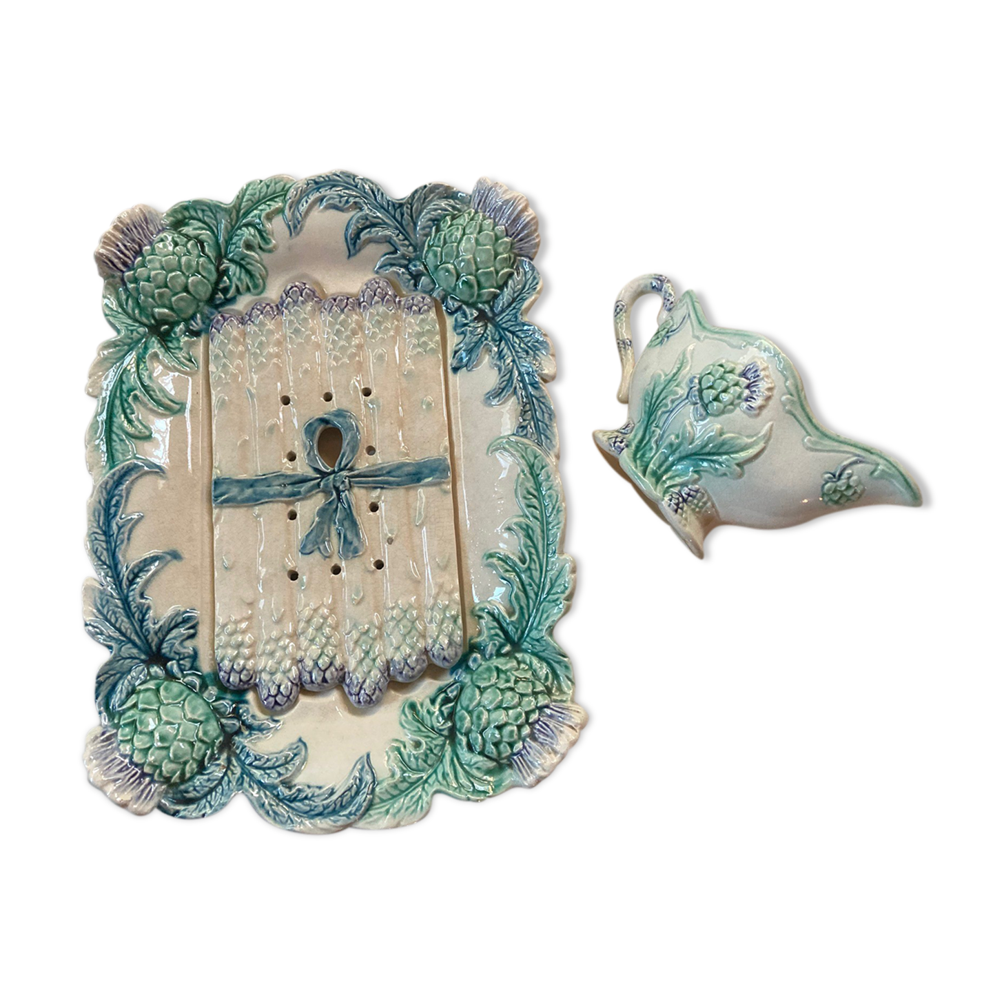 Vintage asparagus dish and sausage