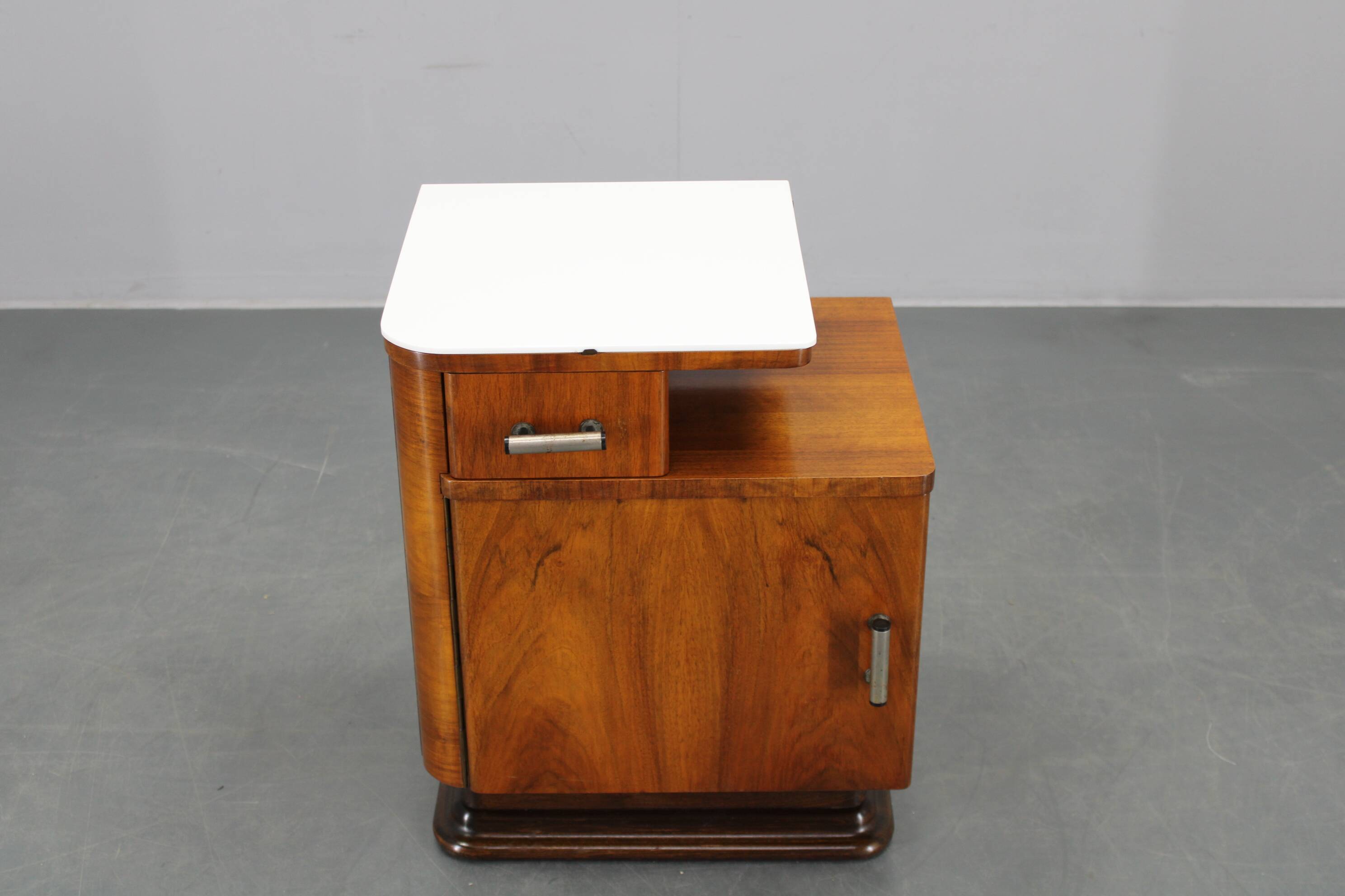 1940s night stand in walnut finish with glass top, Czechoslovakia