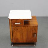 1940s night stand in walnut finish with glass top, Czechoslovakia