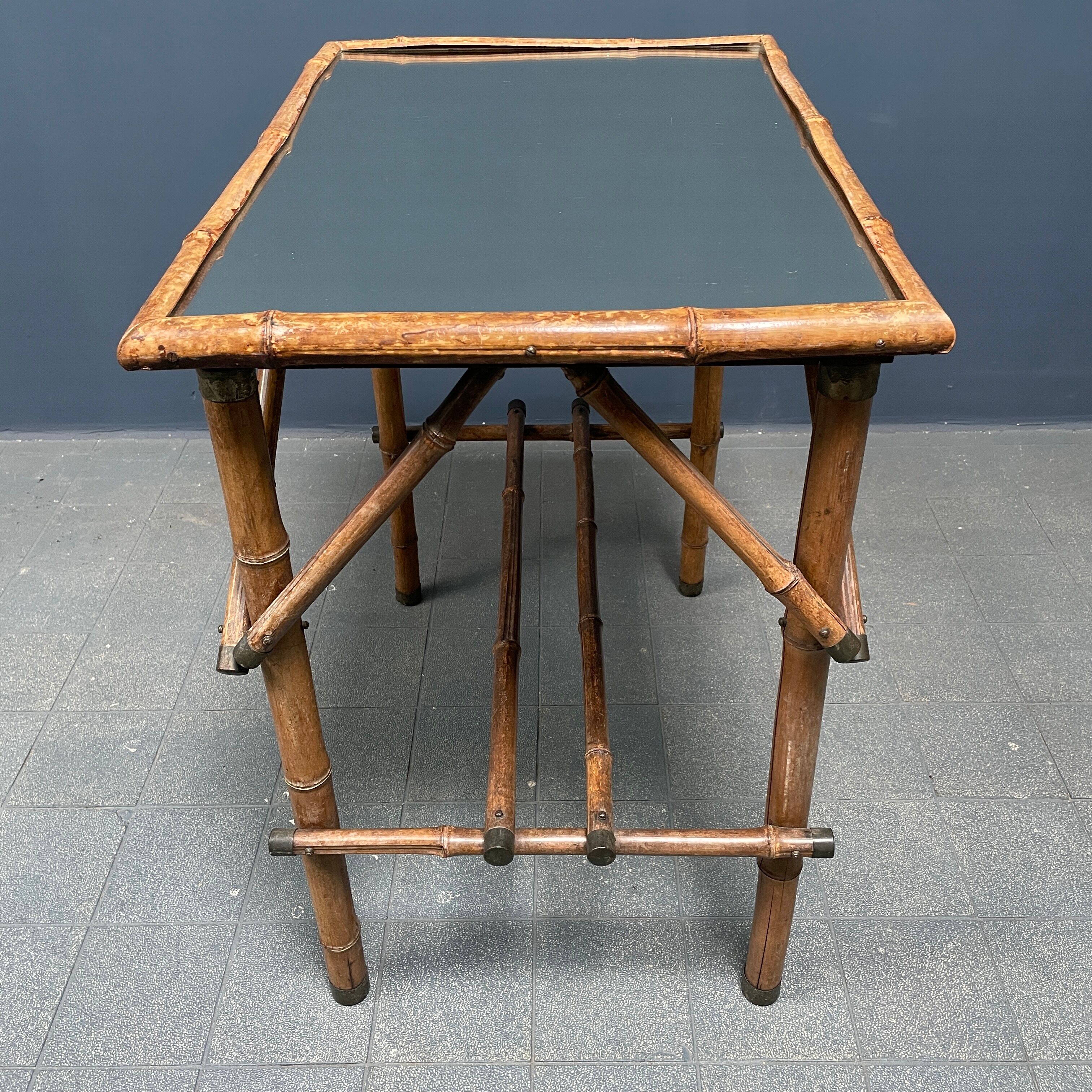 Bamboo side table with mirror top from France, 1940s