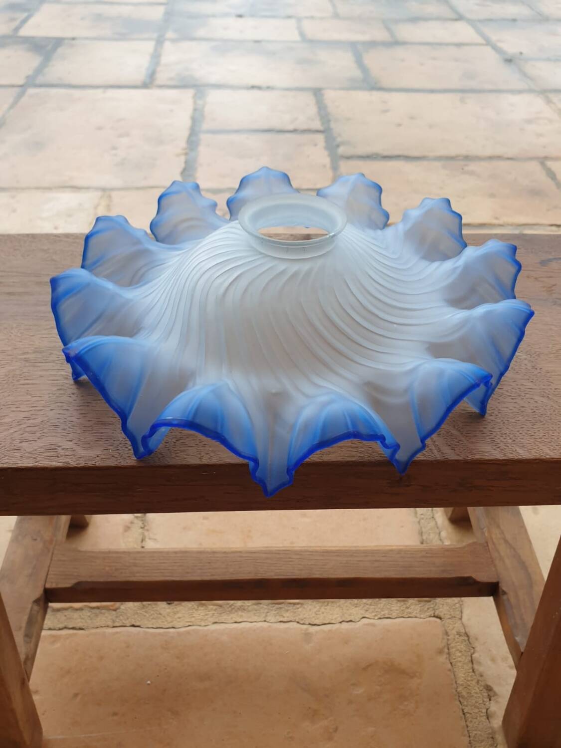 White and blue skirted opaque glass lampshade