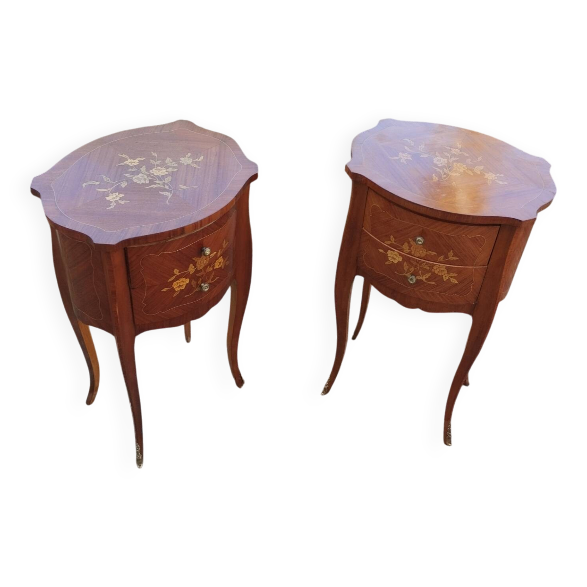 Pair of bedside tables in marquetry, antique Louis XV style.