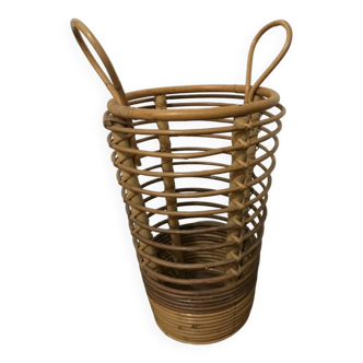 Porte parapluie à 2 anses en rotin courbé et bois, vers 1960.