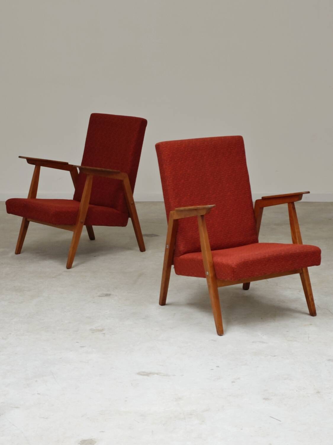 Pair of Uluv red Eastern Bloc armchairs, 1960s