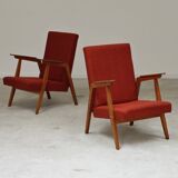Pair of Uluv red Eastern Bloc armchairs, 1960s