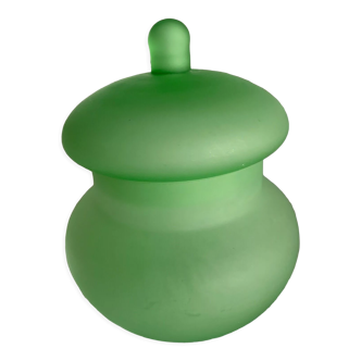 Emerald green sugar bowl, in frosted glass.