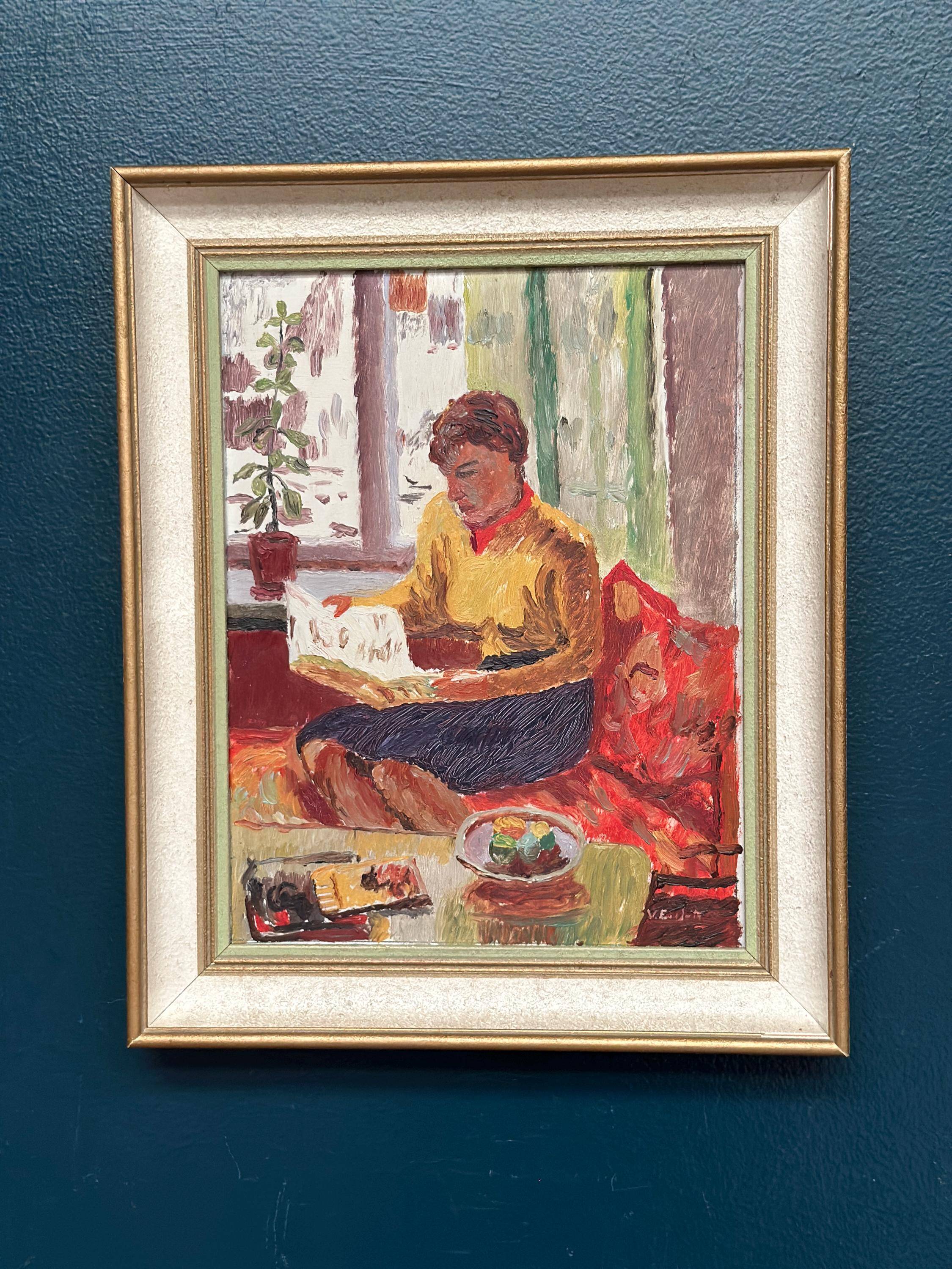 Original Swedish Oil on Panel – “Woman Reading Book” by Einar Emland