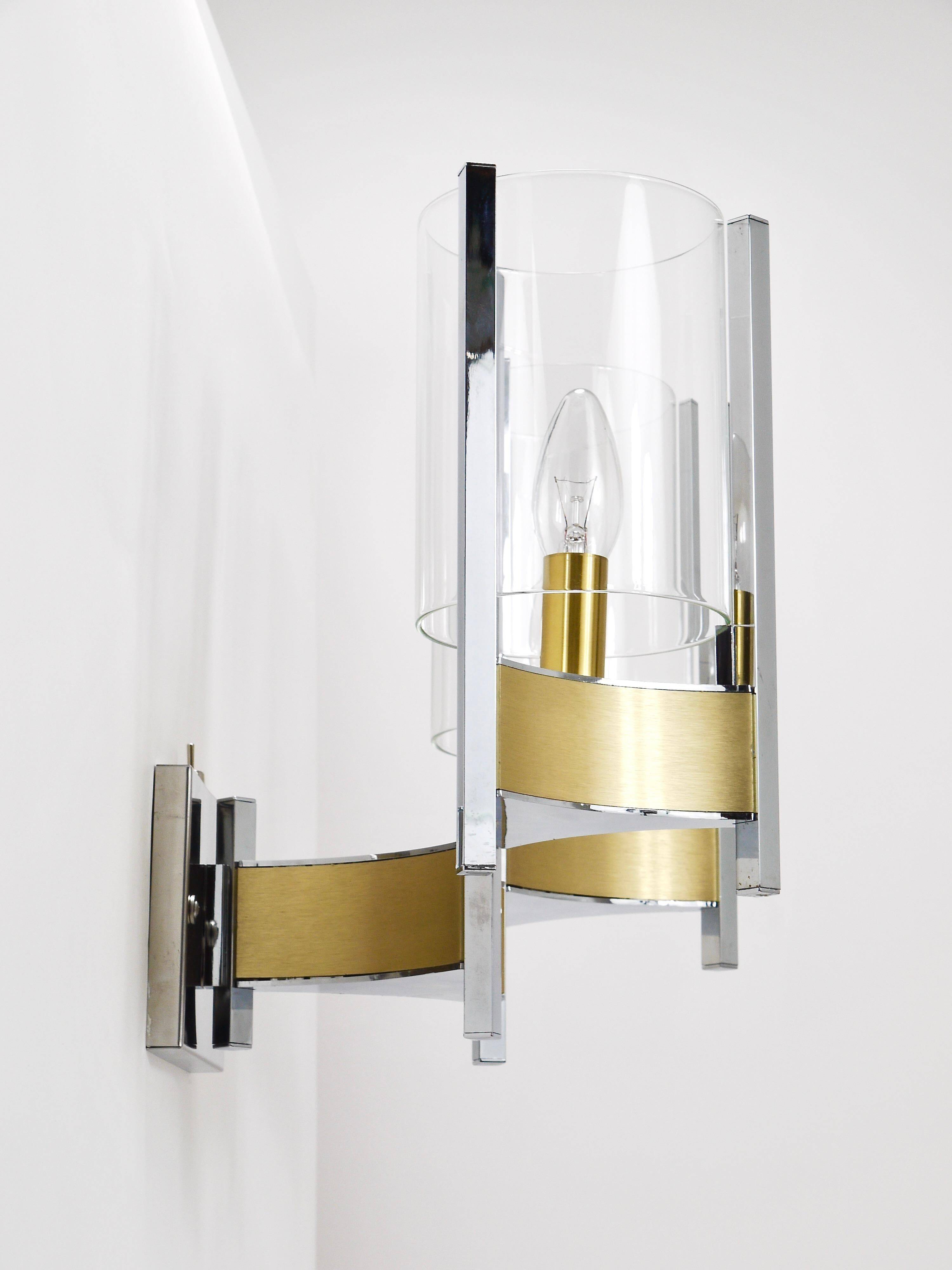 Gaetano Sciolari Large Wall Sconces / Sconces, Chrome, Brass, Glass, 1970s