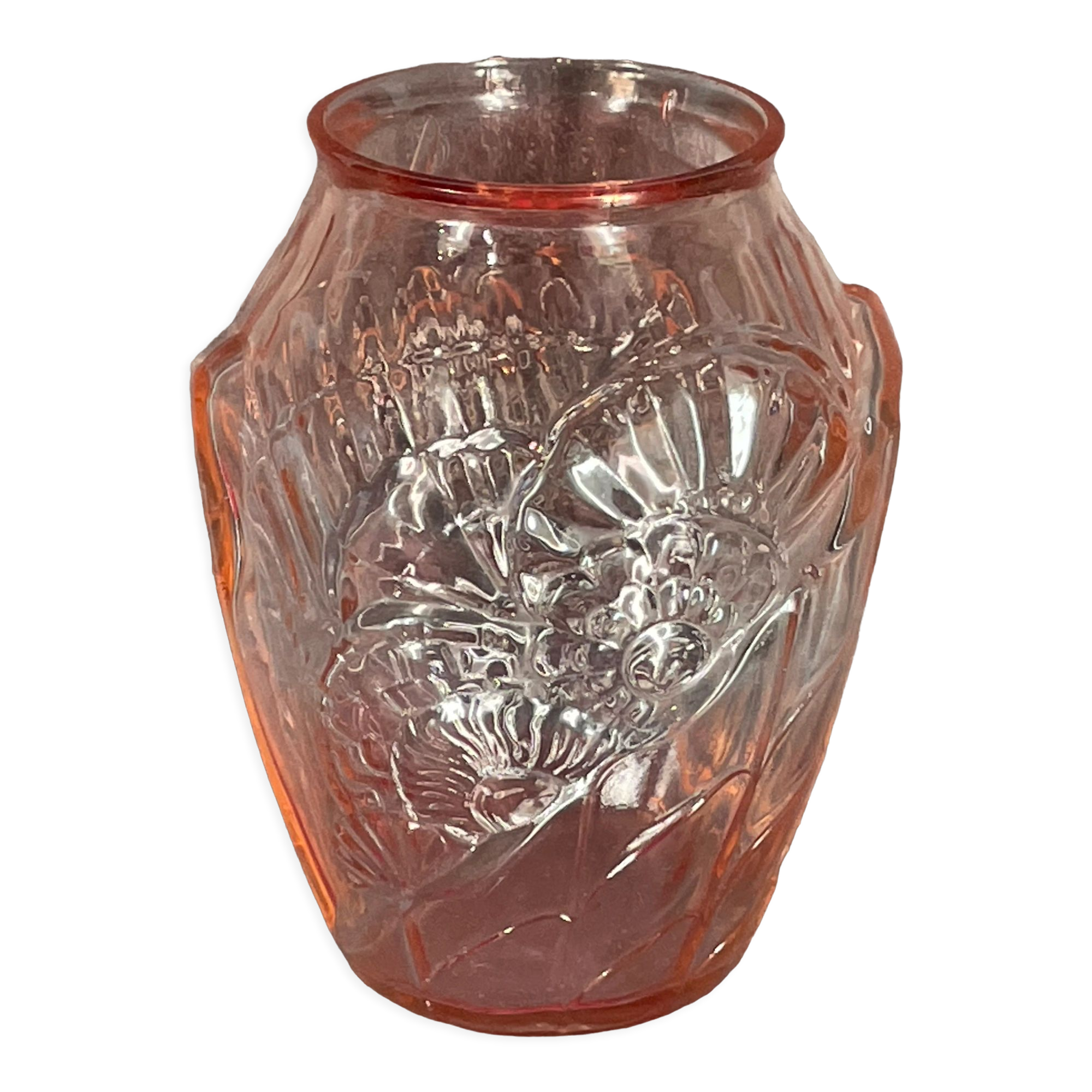 Old art deco vase sn pressed glass pink, 30