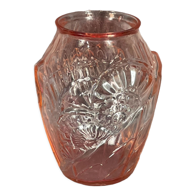 ancien vase art déco sn verre pressé rose, années 30