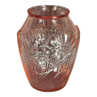 ancien vase art déco sn verre pressé rose, années 30