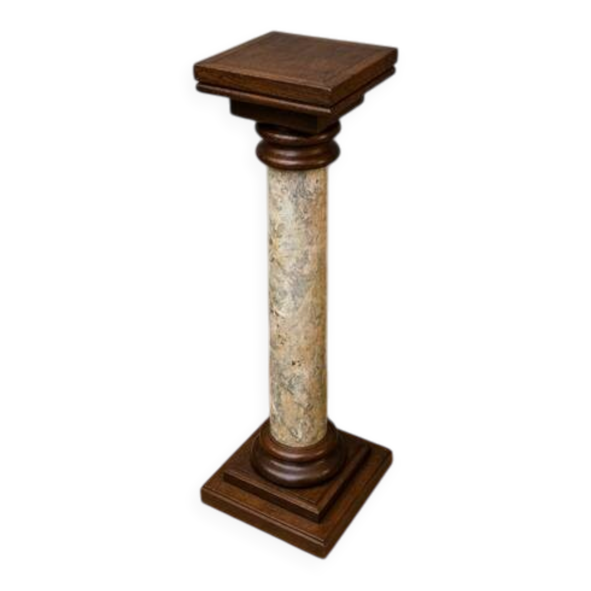 Column-shaped pedestal, made of solid wood and faux marble paint.