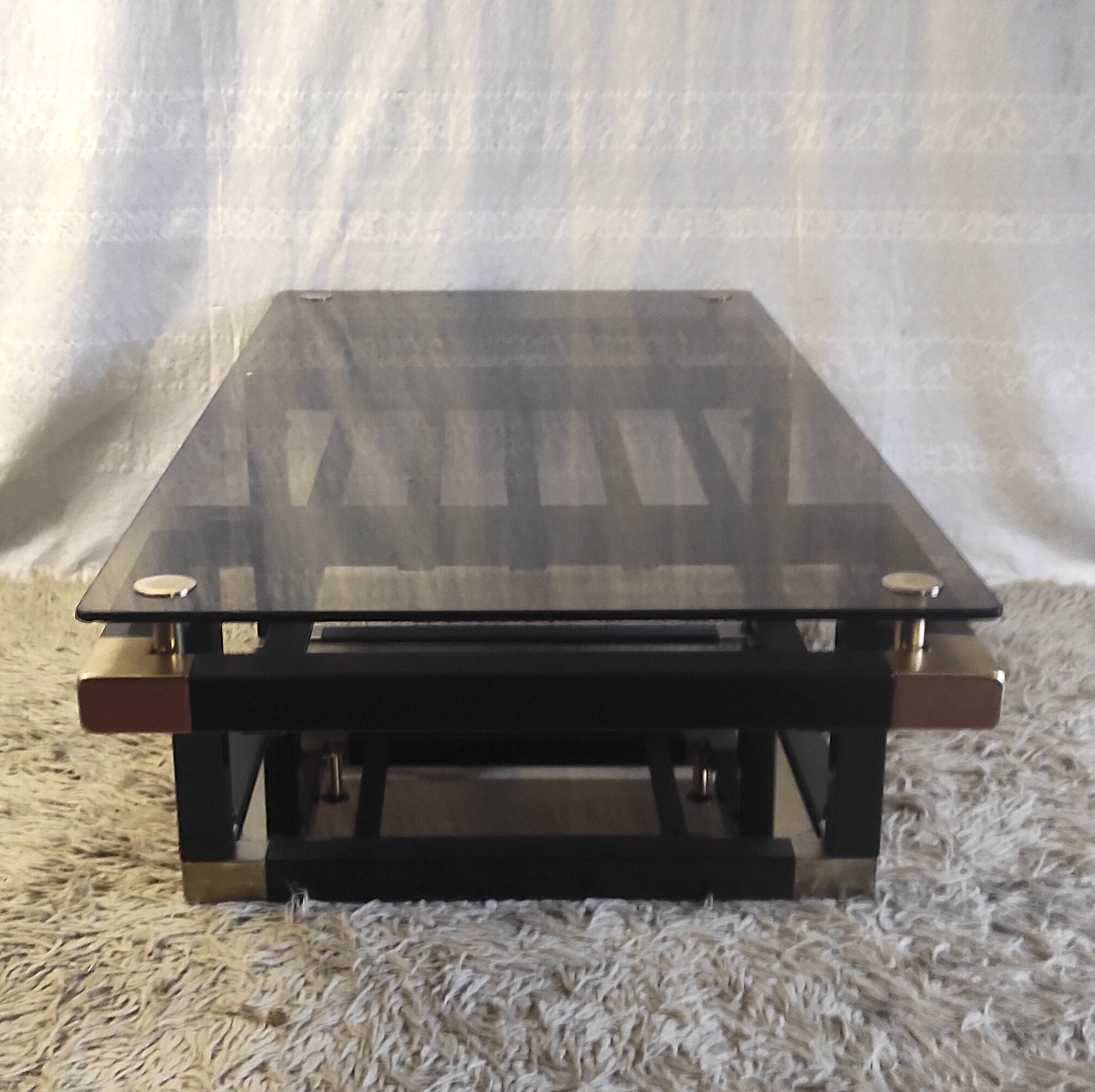 Designer coffee table in metal and smoked glass, 70s-80s