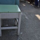 Pair of green and white painted pine stools with drawer, 1940s industrial vintage.