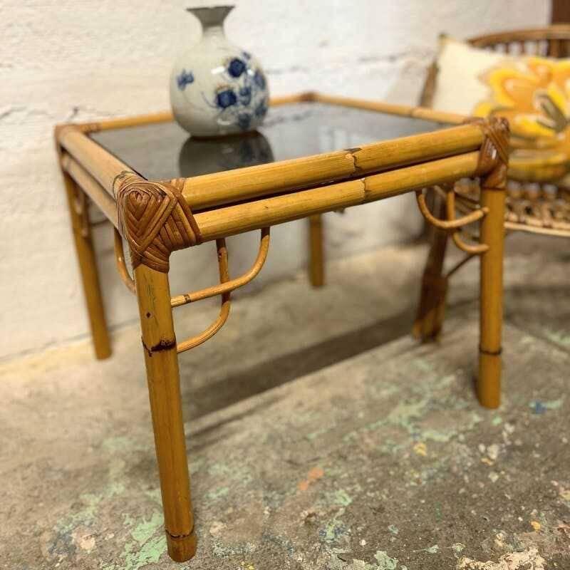Rattan and glass side table