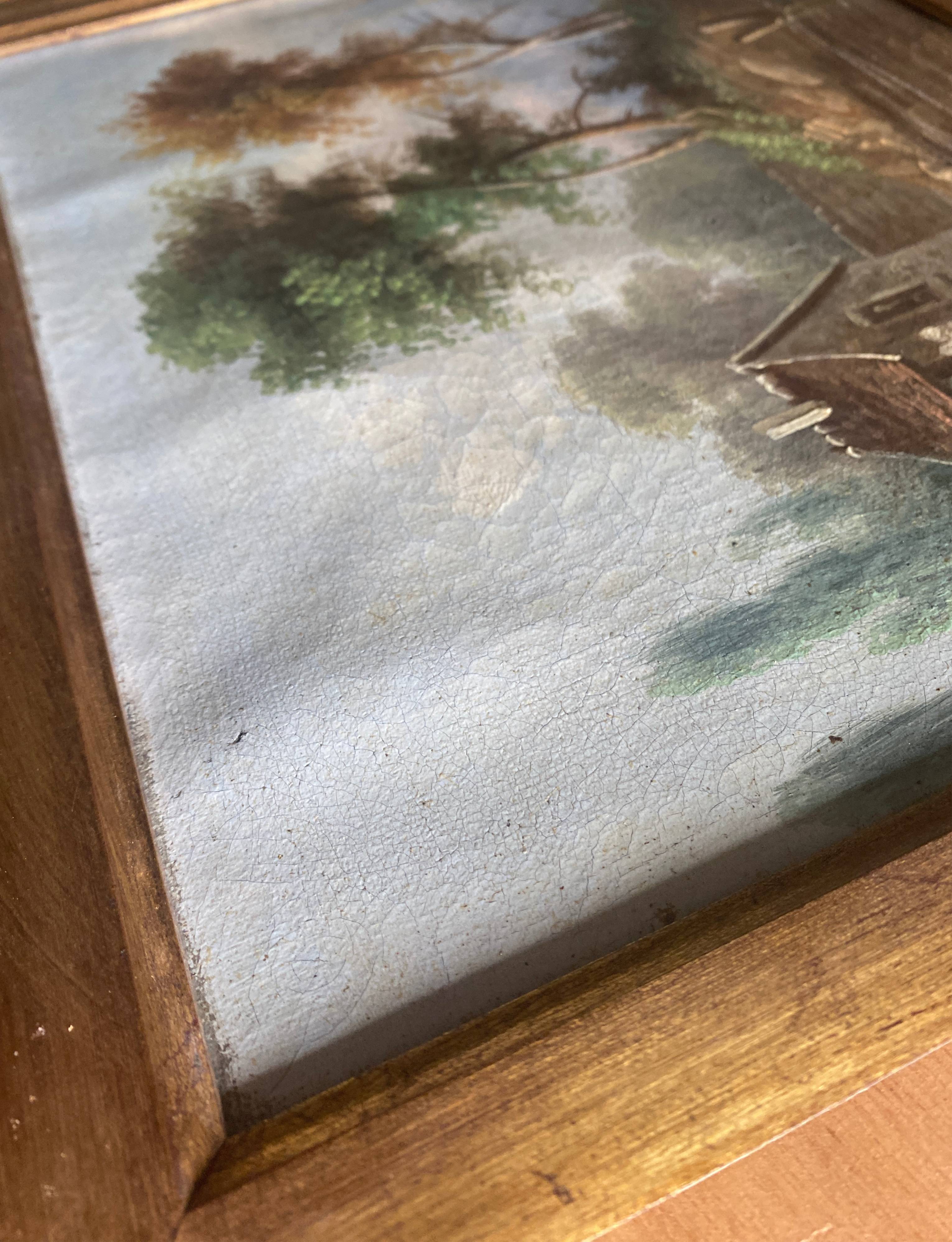 HST/P painting "Animated Barbizon landscape at the river" signed to be restored 19th century