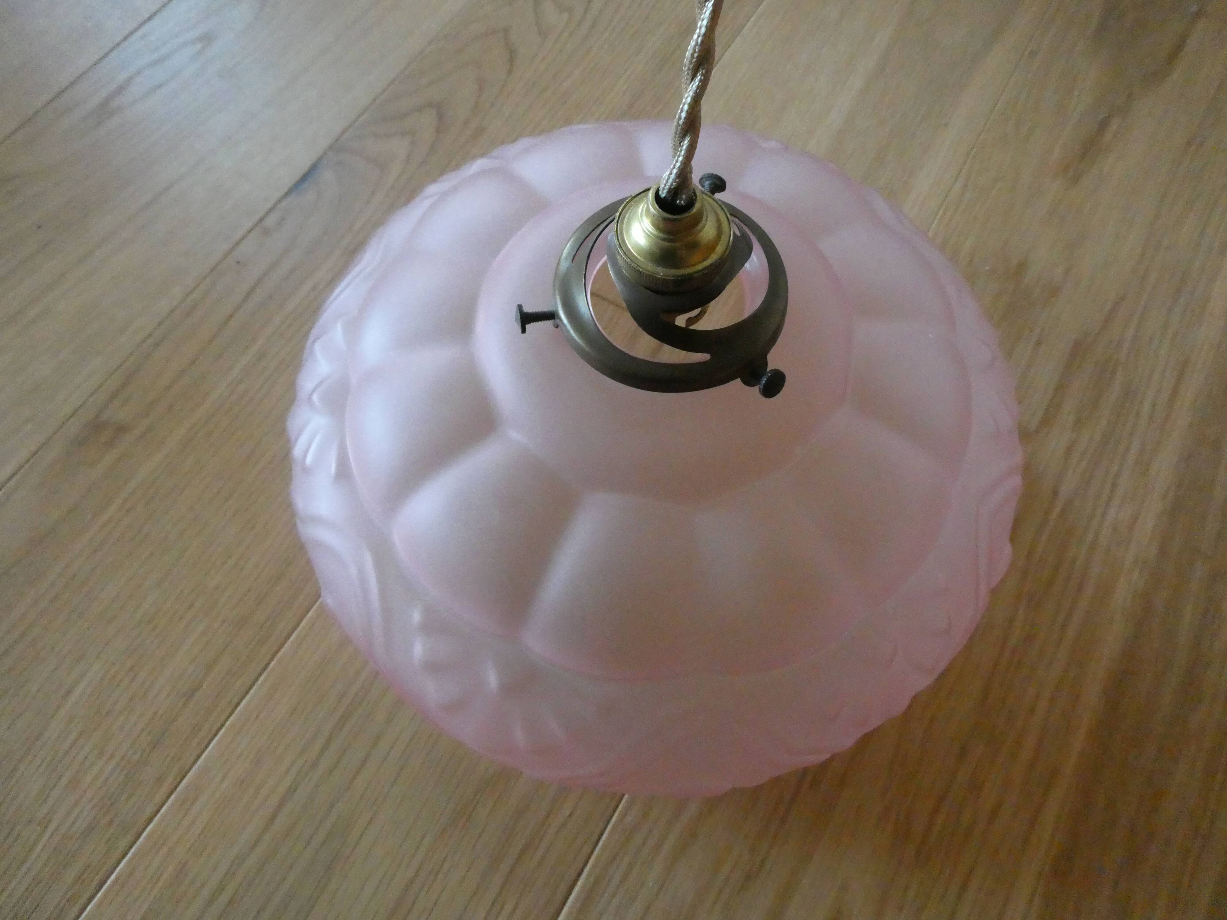 Art Deco pendant lamp in pink frosted glass