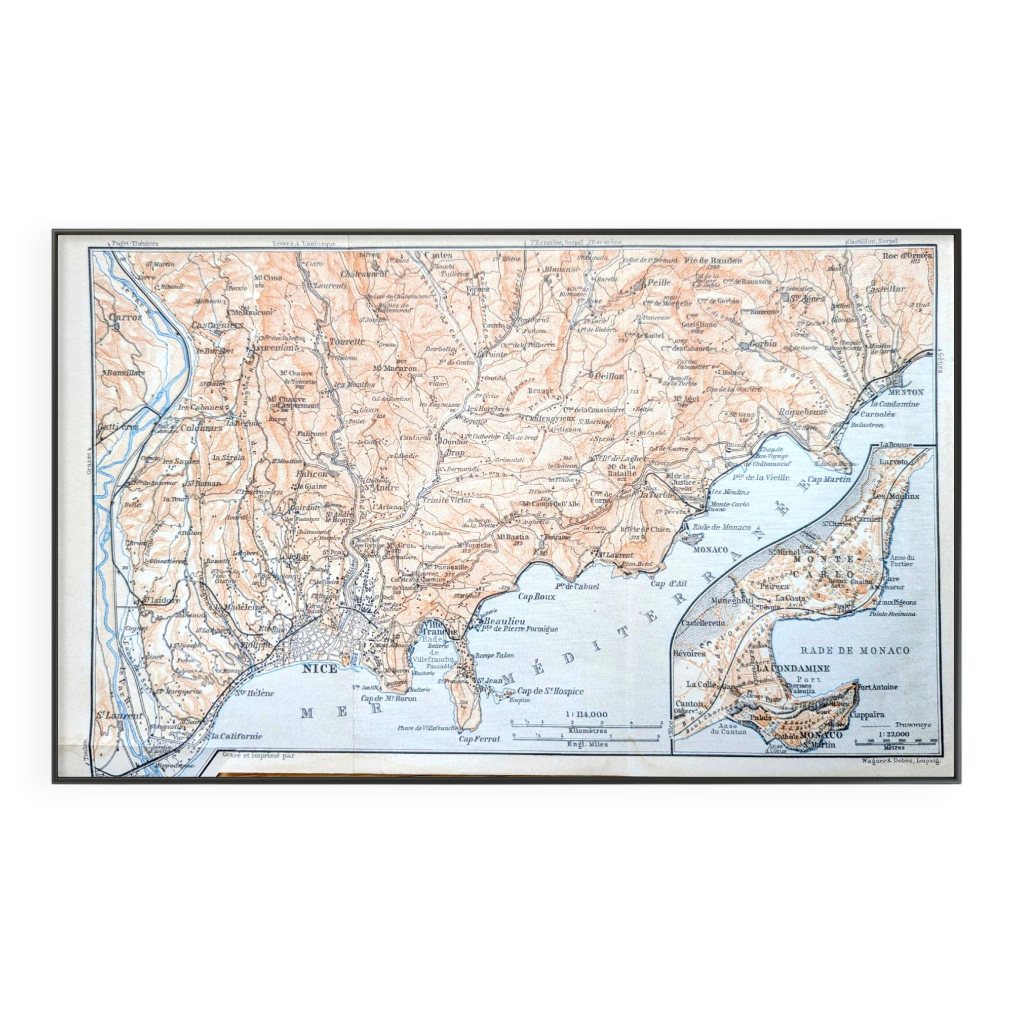 From Nice to Menton, original map printed in 1901.