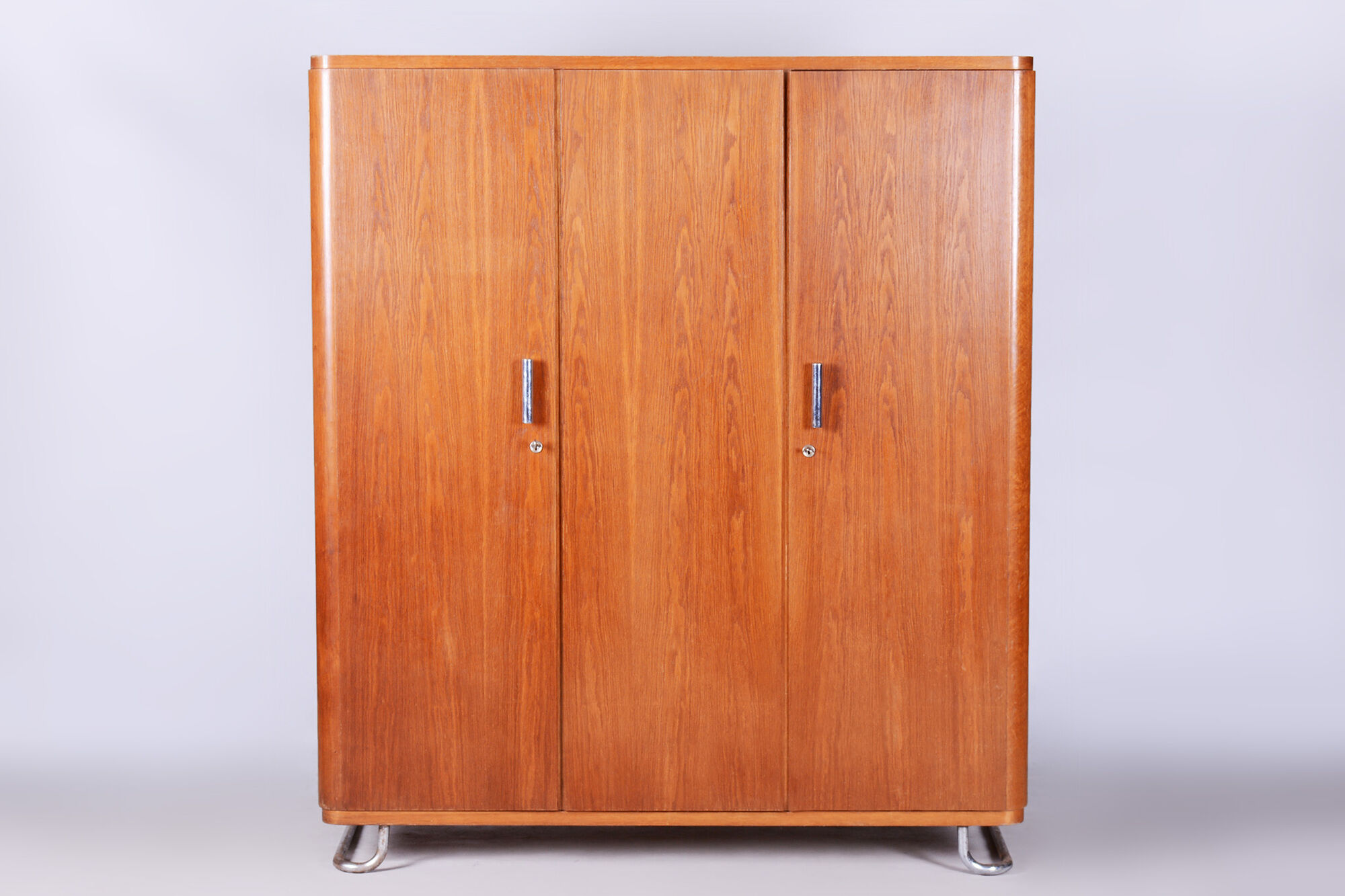 Restored oak bauhaus wardrobe, chrome-plated steel, czechia, 1930s