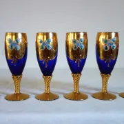 6 vintage cobalt blue and gold Murano aperitif glasses