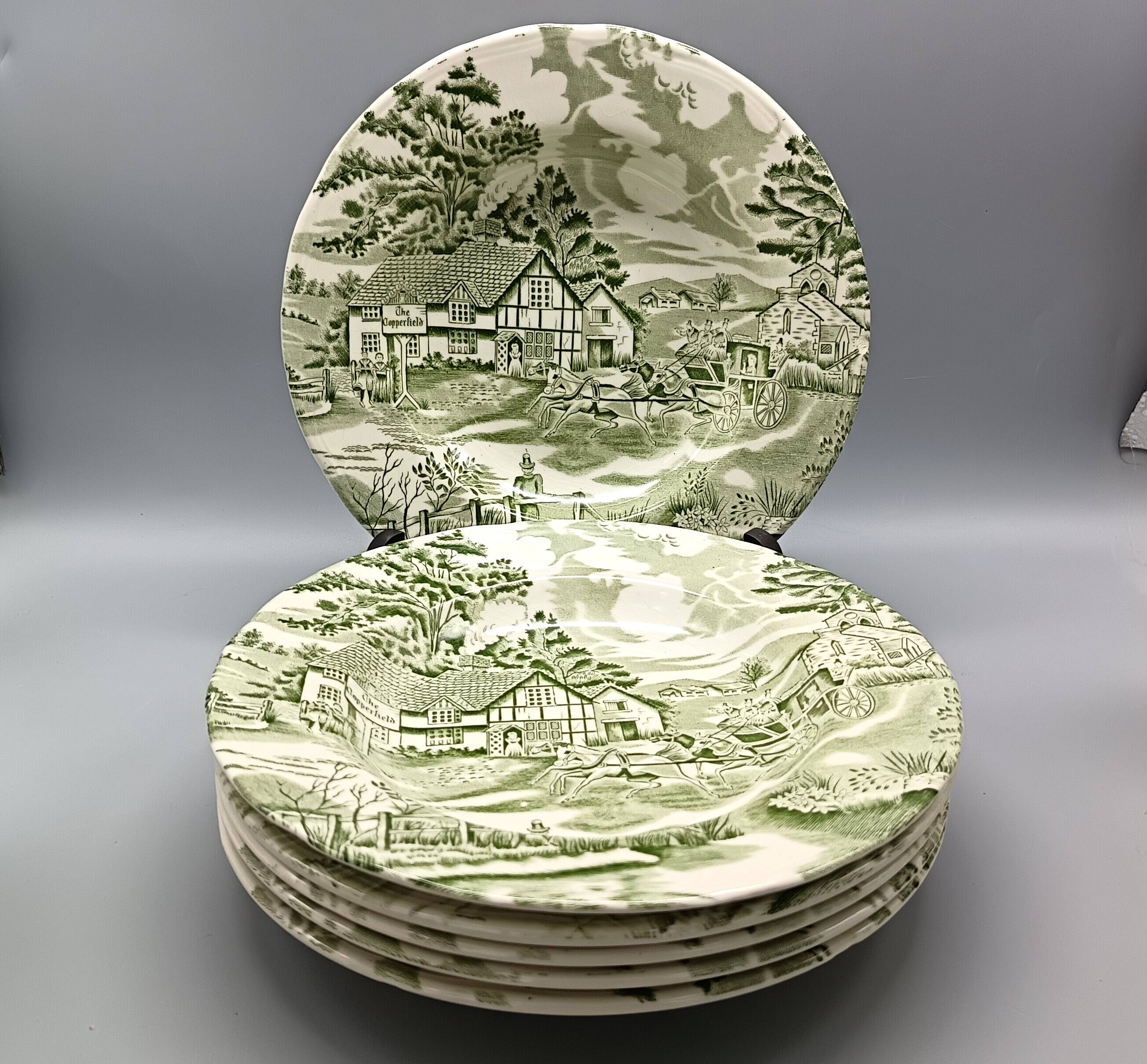 6 french ceramic luneville soup plates, green and ivory