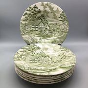 6 french ceramic luneville soup plates, green and ivory