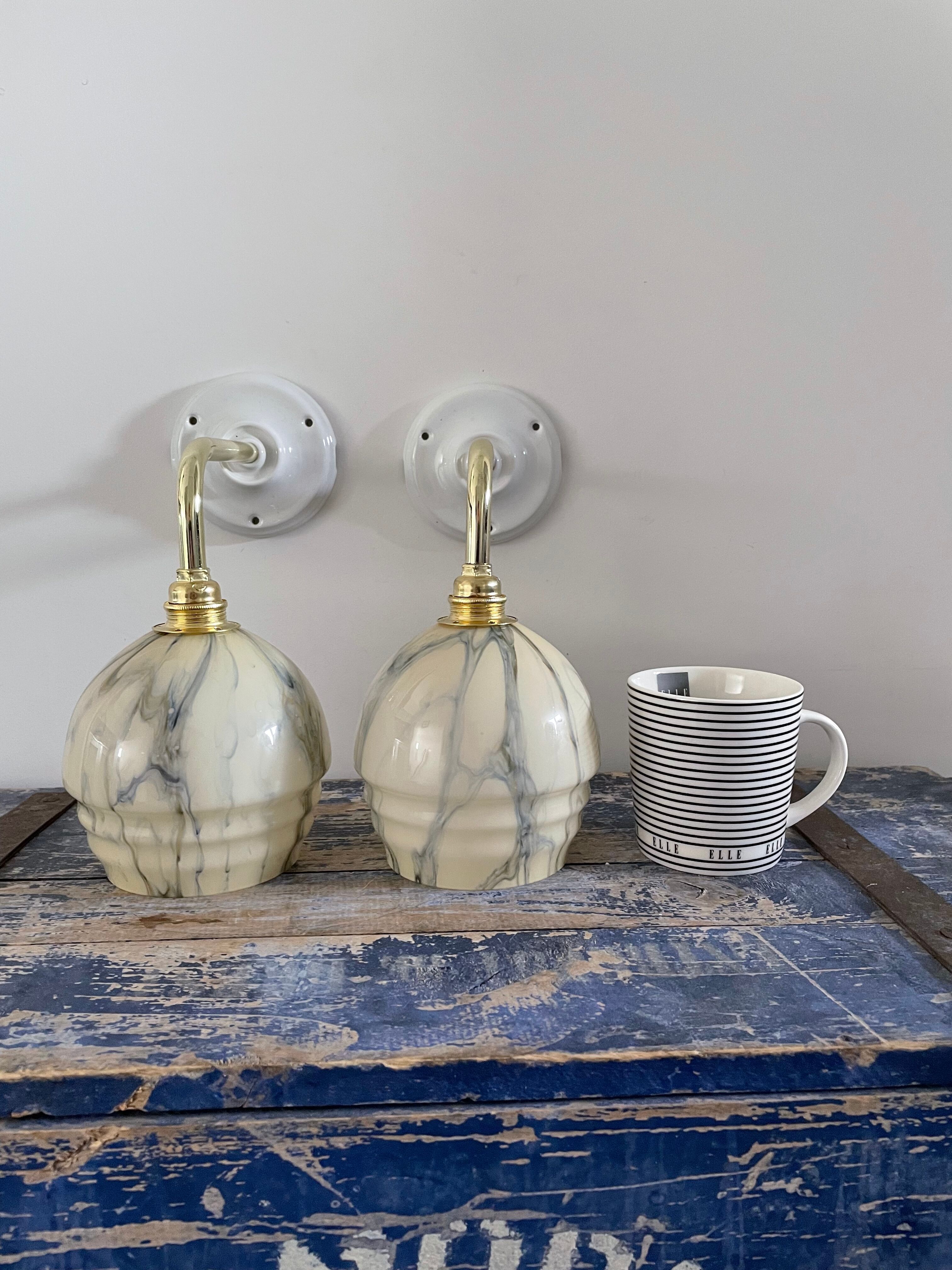 Pair of art deco wall lamps in marbled opaline