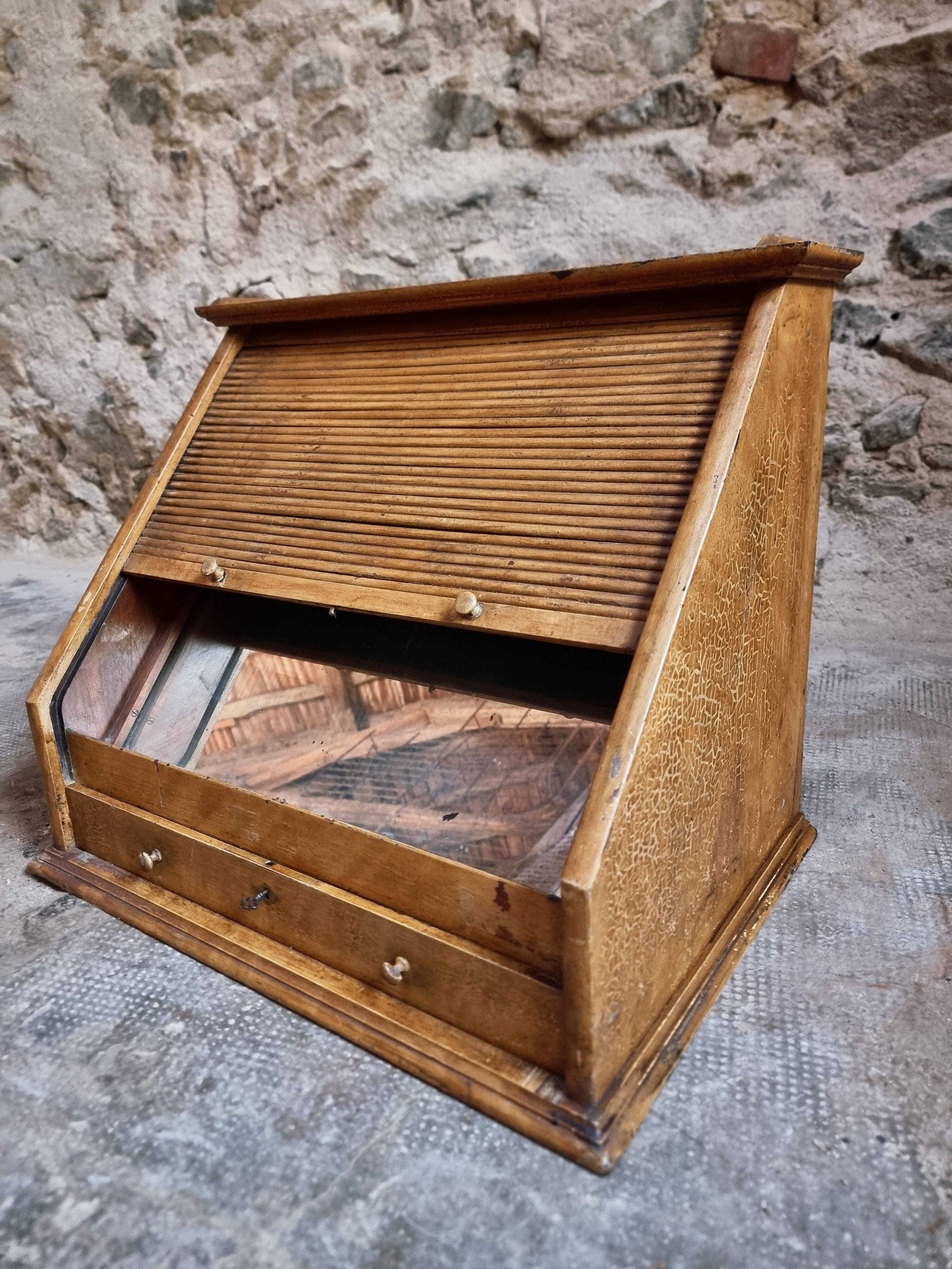 Antique French optician's table display cabinet – Walnut curtain display cabinet, early 1900s.