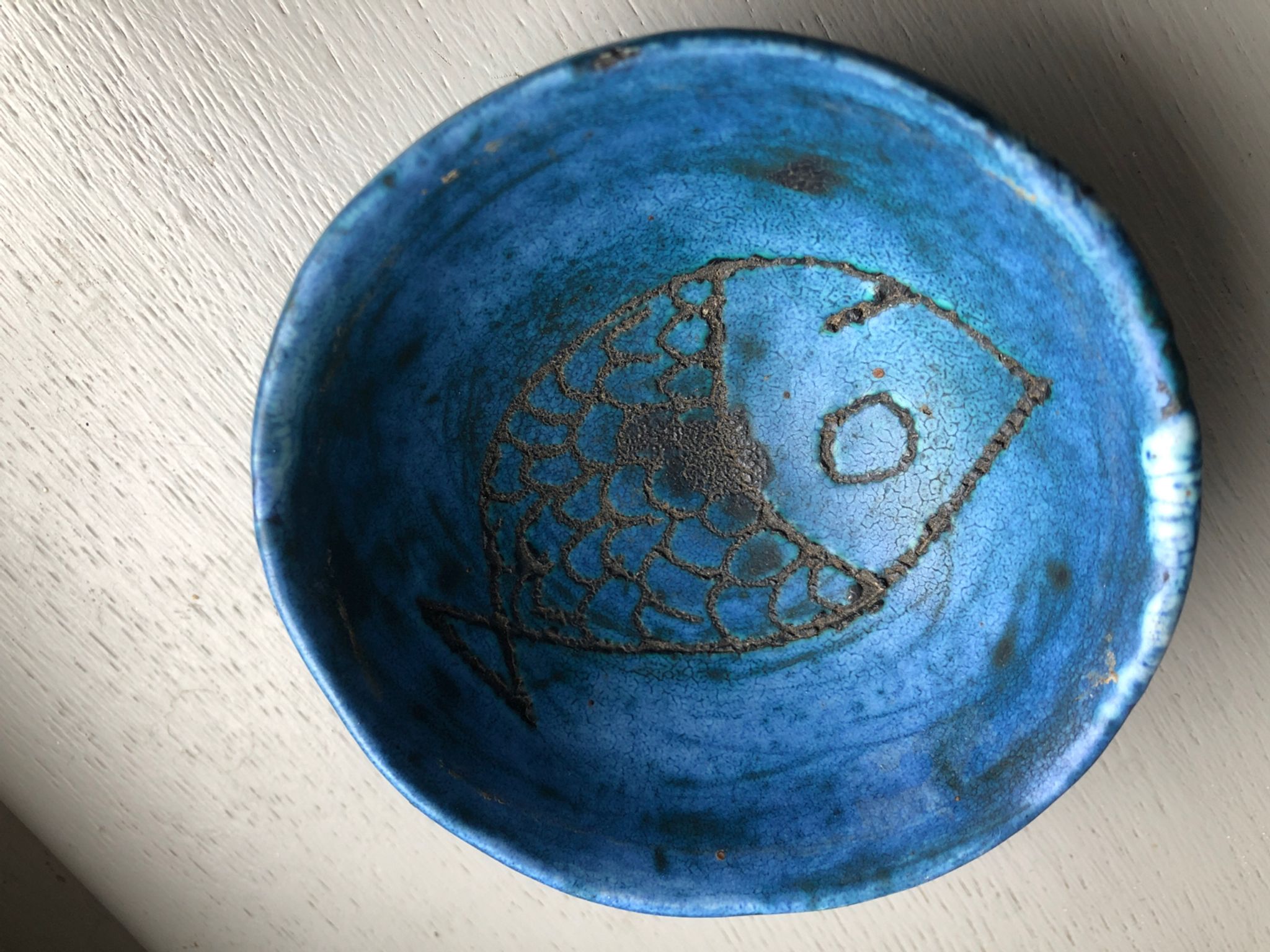 Round blue ceramic cup signed Blin around 1950