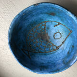 Round blue ceramic cup signed Blin around 1950