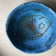 Round blue ceramic cup signed Blin around 1950