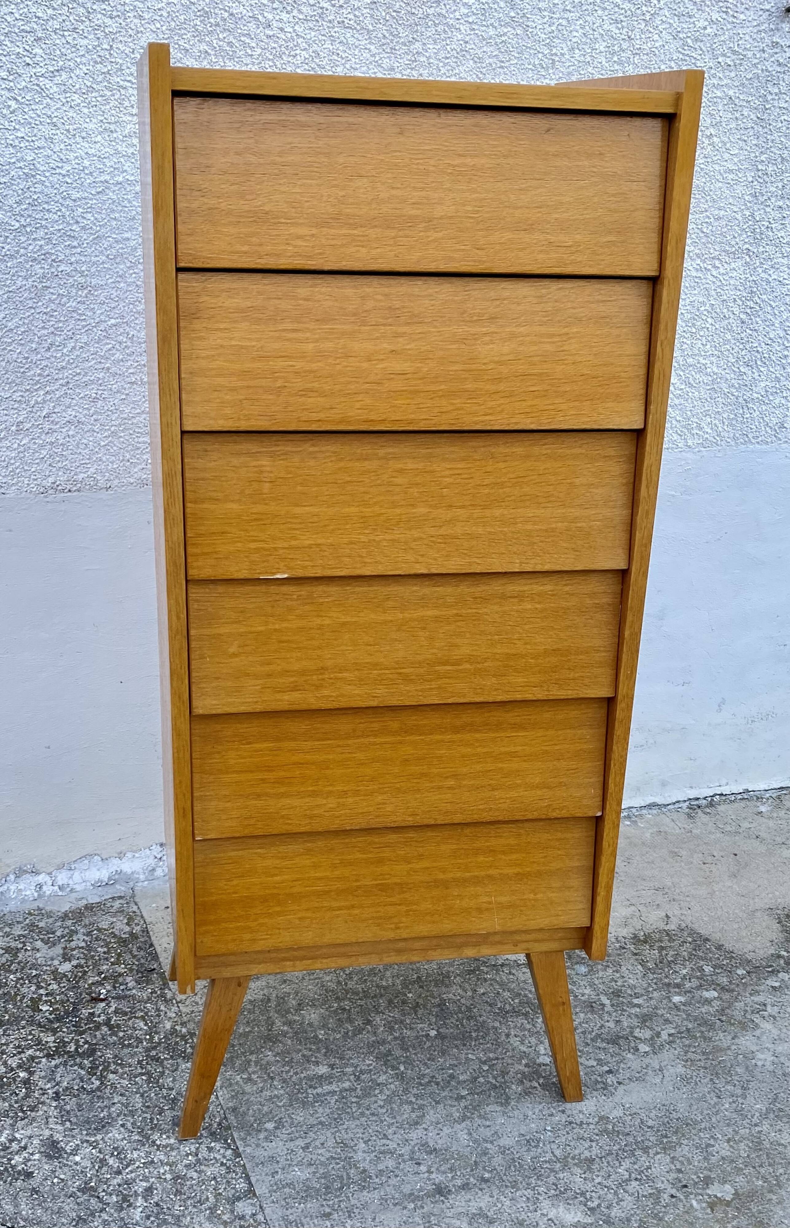 Vintage 1960s chest of drawers with compass legs and 6 slanted drawers
