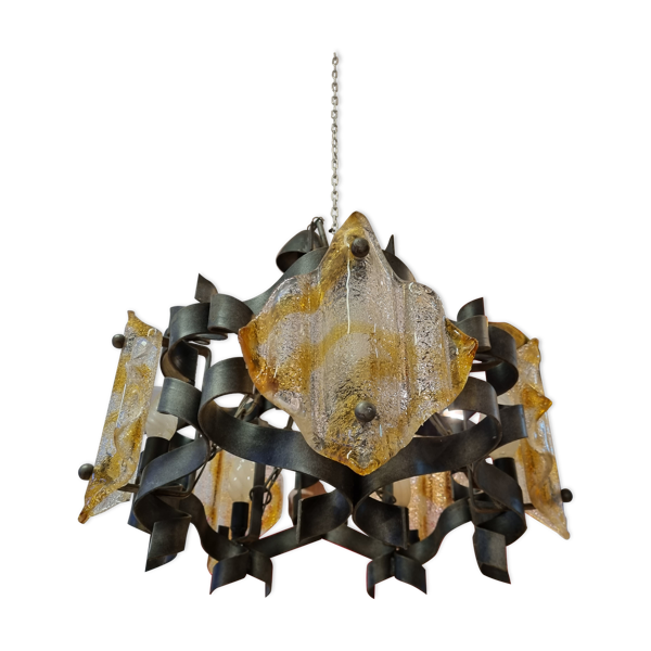 Lustre fer frappé & verre murano, 1970