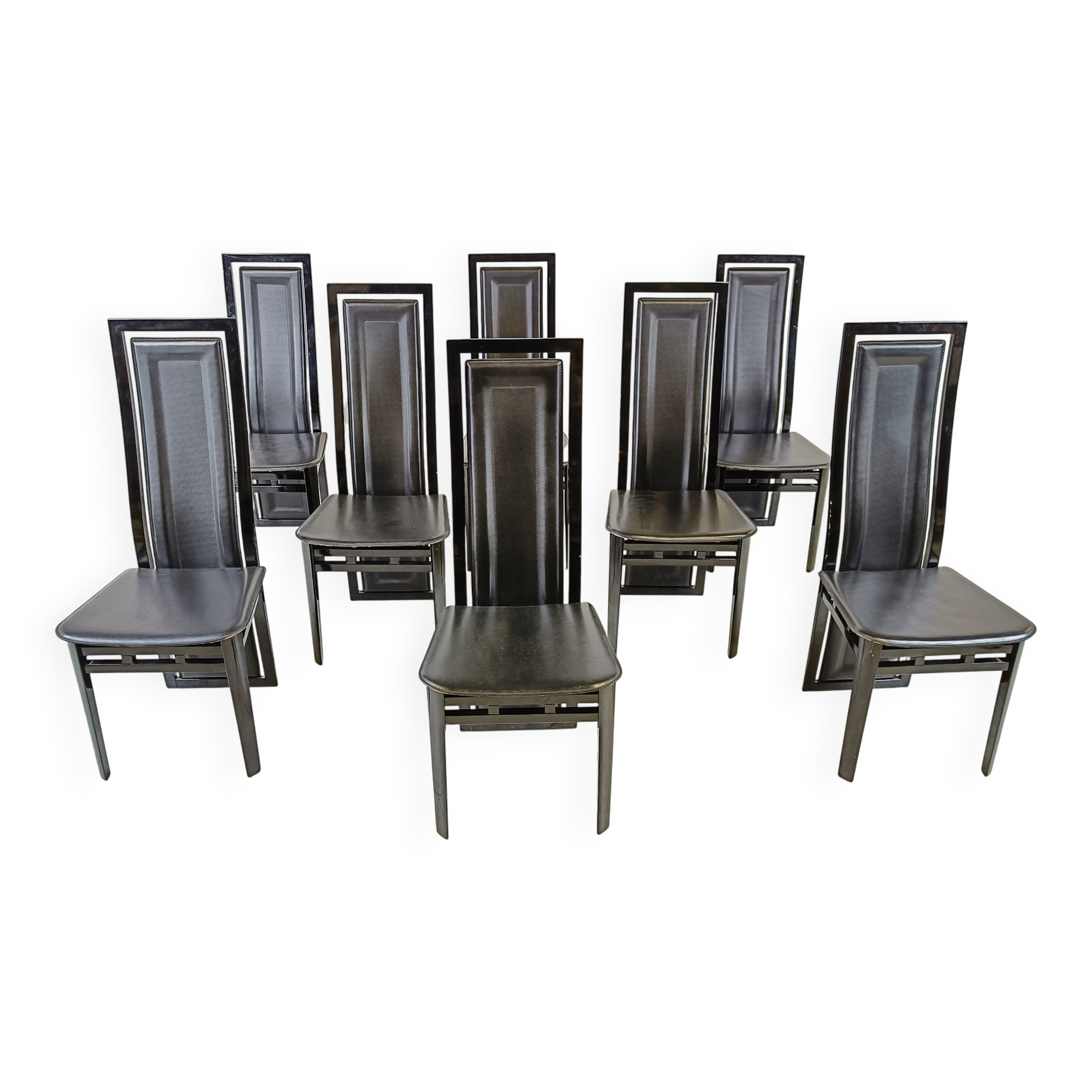 Set of eight Italian lacquered wood and leather modern dining chairs